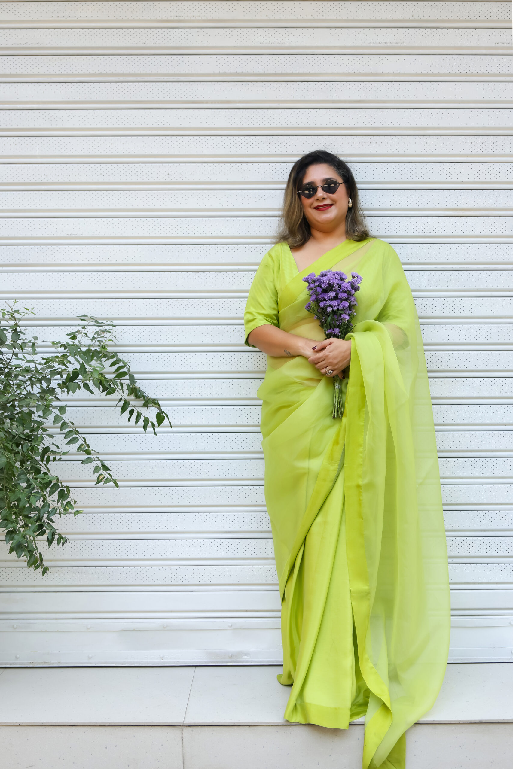 0I6A8062 Neon Green Half & Half Saree - Image 1