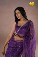 Organza Saree with Floral Swirl Embroidery - Image 3