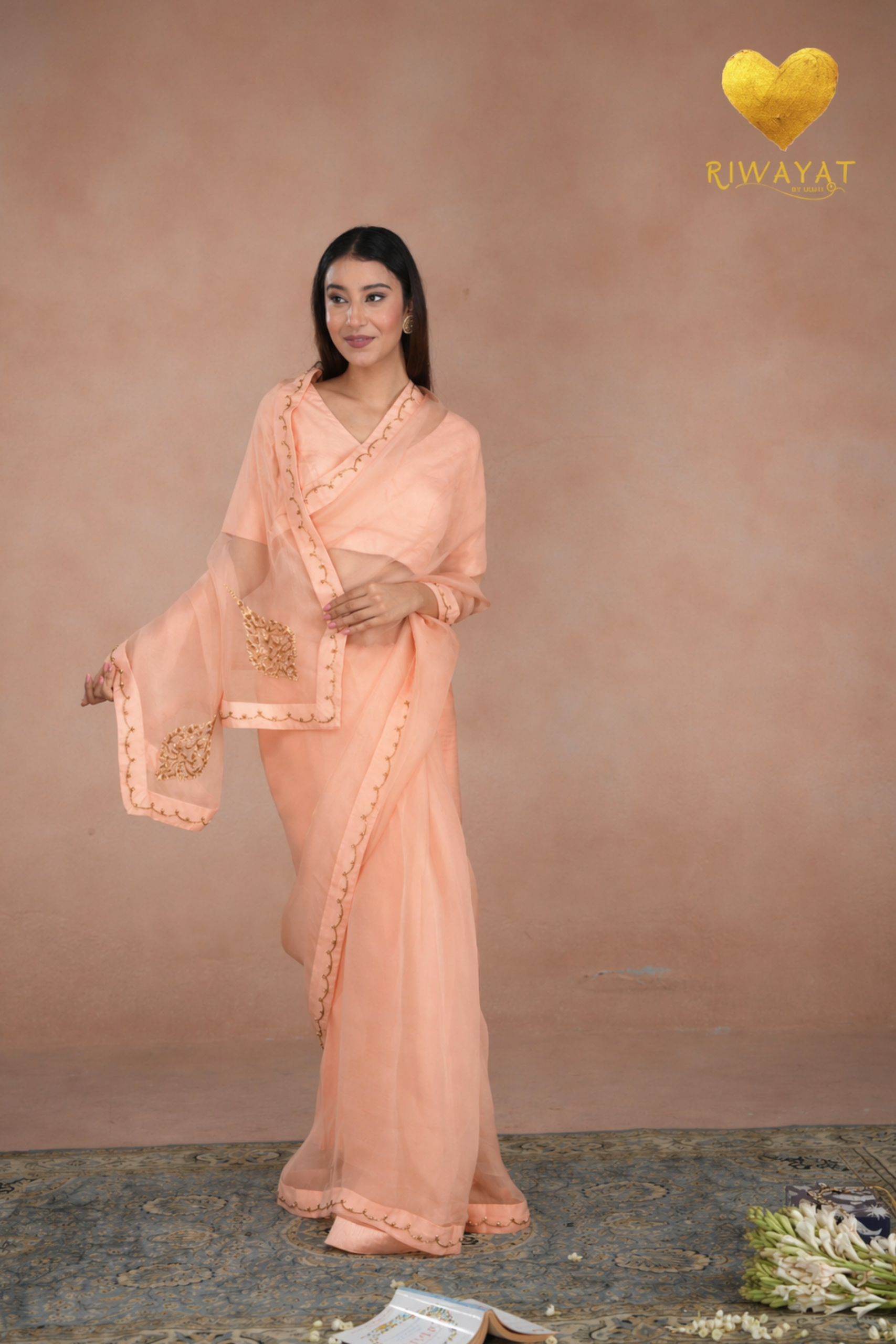 1 Kashmiri Leaf & Motif Embroidered Organza Saree - Image 1