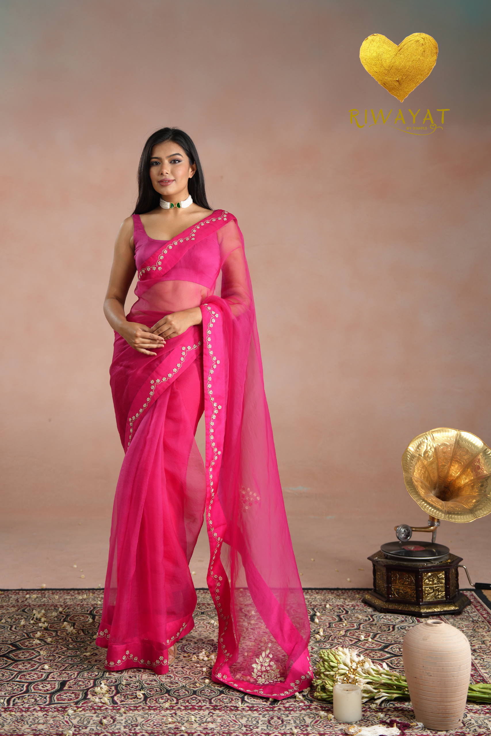 1 Zari Moti Embroidered Organza Saree - Image 1