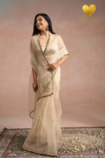 Golden Brown Cutdana Kashmiri Leaf Organza Saree - Image 5