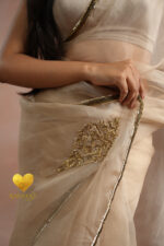 Golden Brown Cutdana Kashmiri Leaf Organza Saree - Image 4