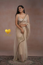 Golden Brown Cutdana Kashmiri Leaf Organza Saree - Image 3