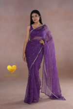 Organza Saree with Floral Swirl Embroidery - Image 2