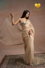 Golden Brown Cutdana Kashmiri Leaf Organza Saree - Image 2